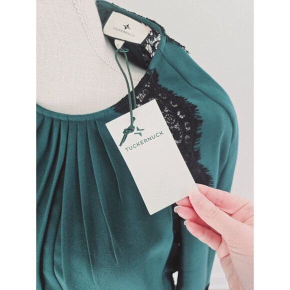 Tuckernuck Juniper Vail Blouse Emerald Green Black Lace Formal Top Shirt XS - Picture 11 of 14